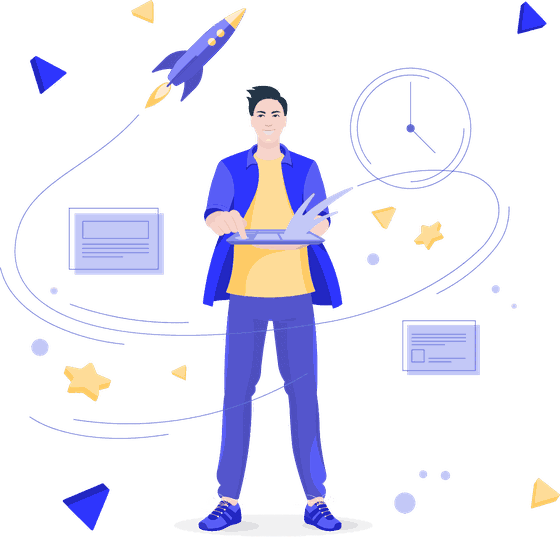 Ilustración de un cohete despegando junto a una persona con una computadora.